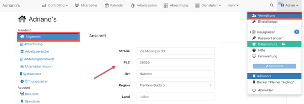 > Verwaltung - Adresse einpflegen