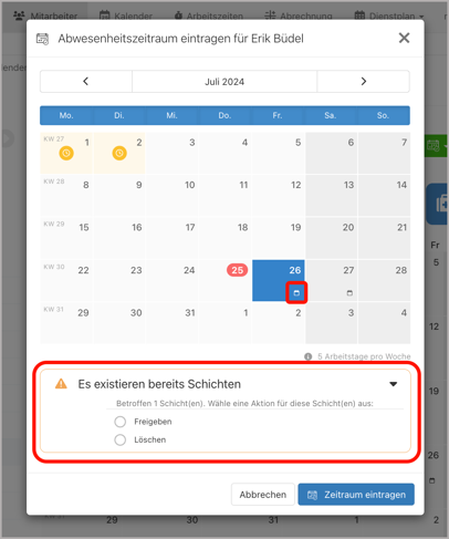Abwesenheit eintragen > Dienstplanprüfung