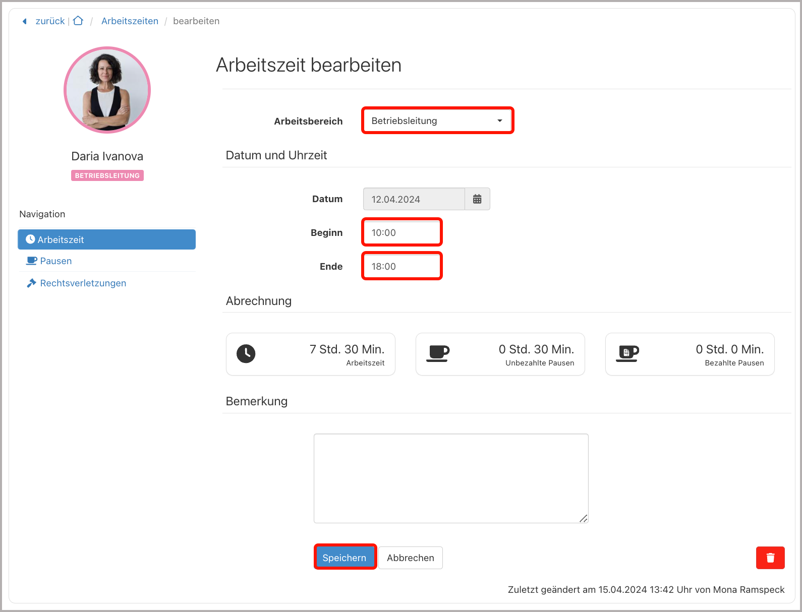 Arbeitszeit bearbeiten