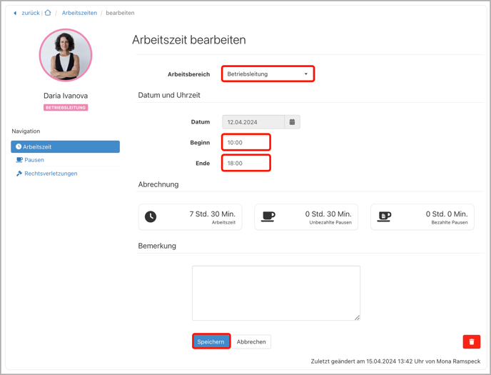 Arbeitszeit bearbeiten