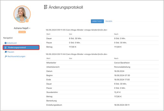 Arbeitszeiten > bearbeiten > Änderungsprotokoll