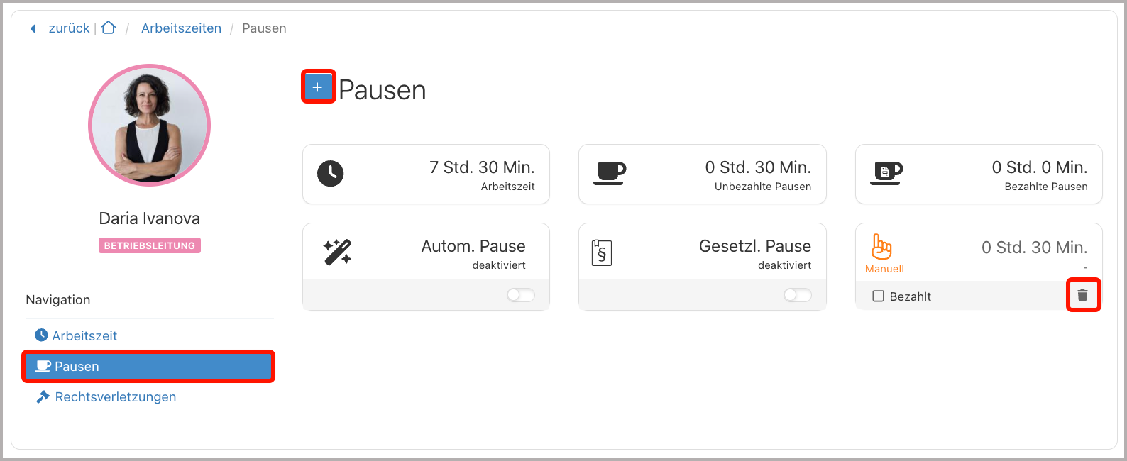 Arbeitszeiten bearbeiten > Pausen