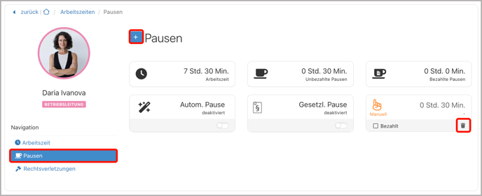 Arbeitszeiten bearbeiten > Pausen
