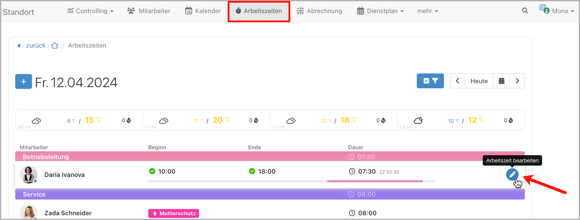 Arbeitszeitenübersicht > AZ bearbeiten