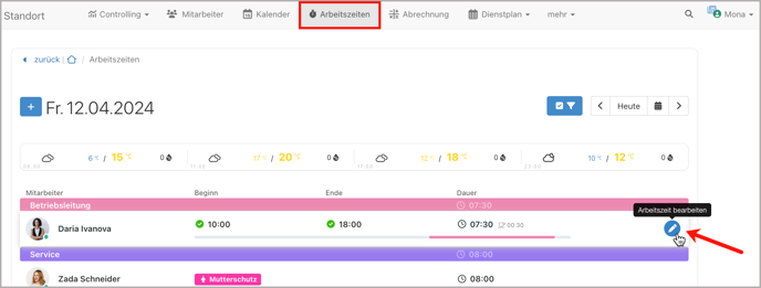 Arbeitszeitenübersicht > AZ bearbeiten