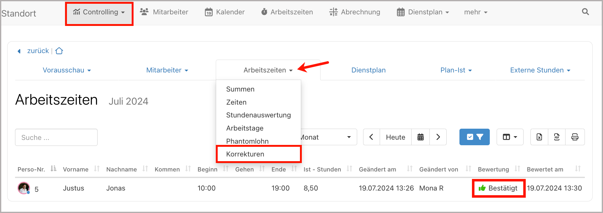 Auswertung > Arbeitszeiten > Korrekturen