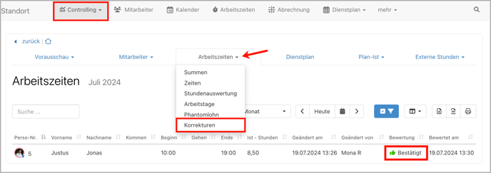 Auswertung > Arbeitszeiten > Korrekturen
