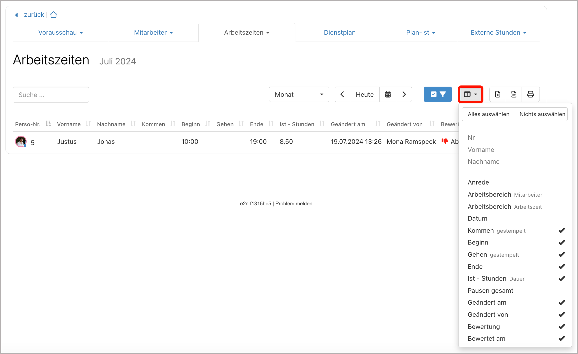 Auswertungen > Arbeitszeiten > Korrekturen > Werkzeugleiste
