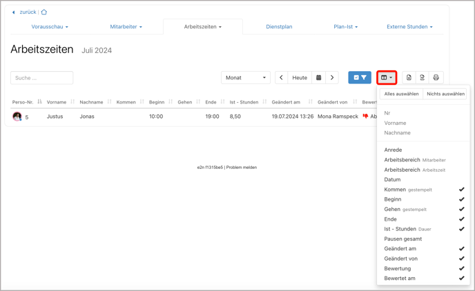 Auswertungen > Arbeitszeiten > Korrekturen > Werkzeugleiste