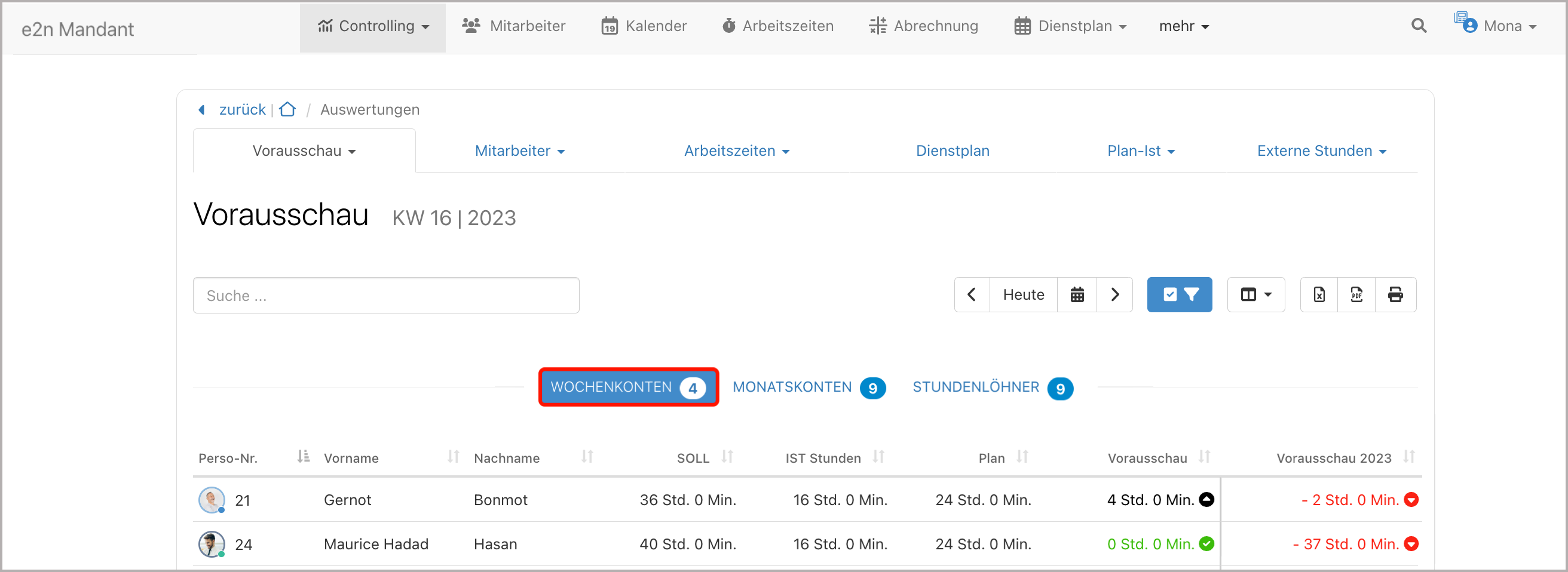 Auswertungen > Vorausschau > Wochenkonten