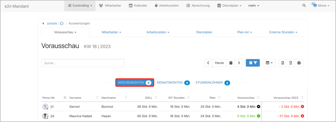 Auswertungen > Vorausschau > Wochenkonten