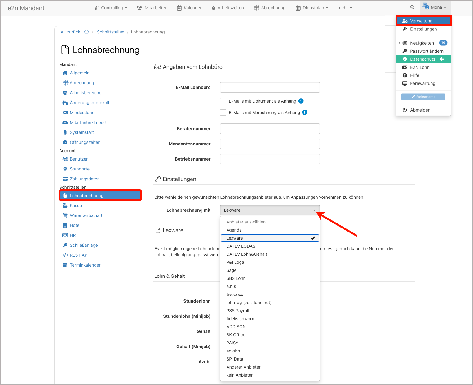 Benutzer > Verwaltung > Lohnabrechnung > Anbieter wählen