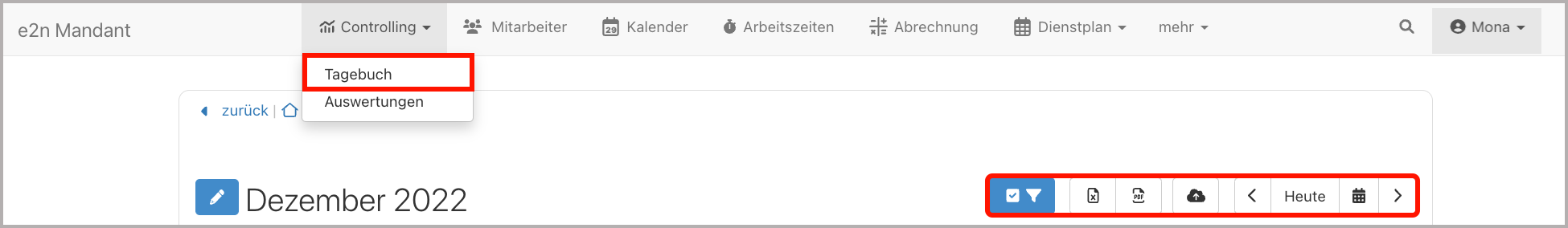 Controlling > Tagebuch > Werkzeugleiste