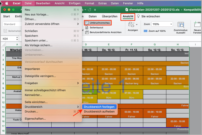 Dienstplan > Drucken > Druckbereich in Excel auswählen