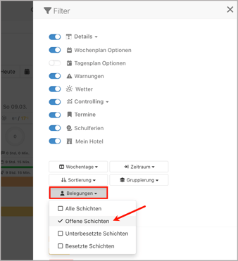 Dienstplan > Schichten > blauer Filter > Belegungen