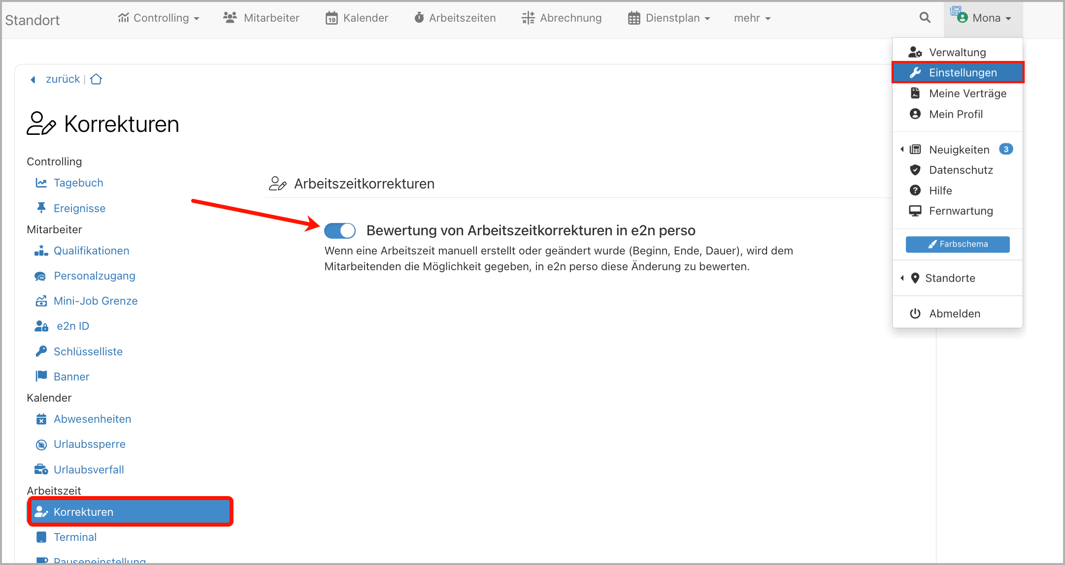 Einstellungen > AZ-Korrektur > Aktivieren
