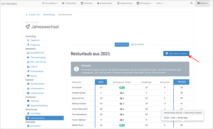 Einstellungen > Jahreswechsel