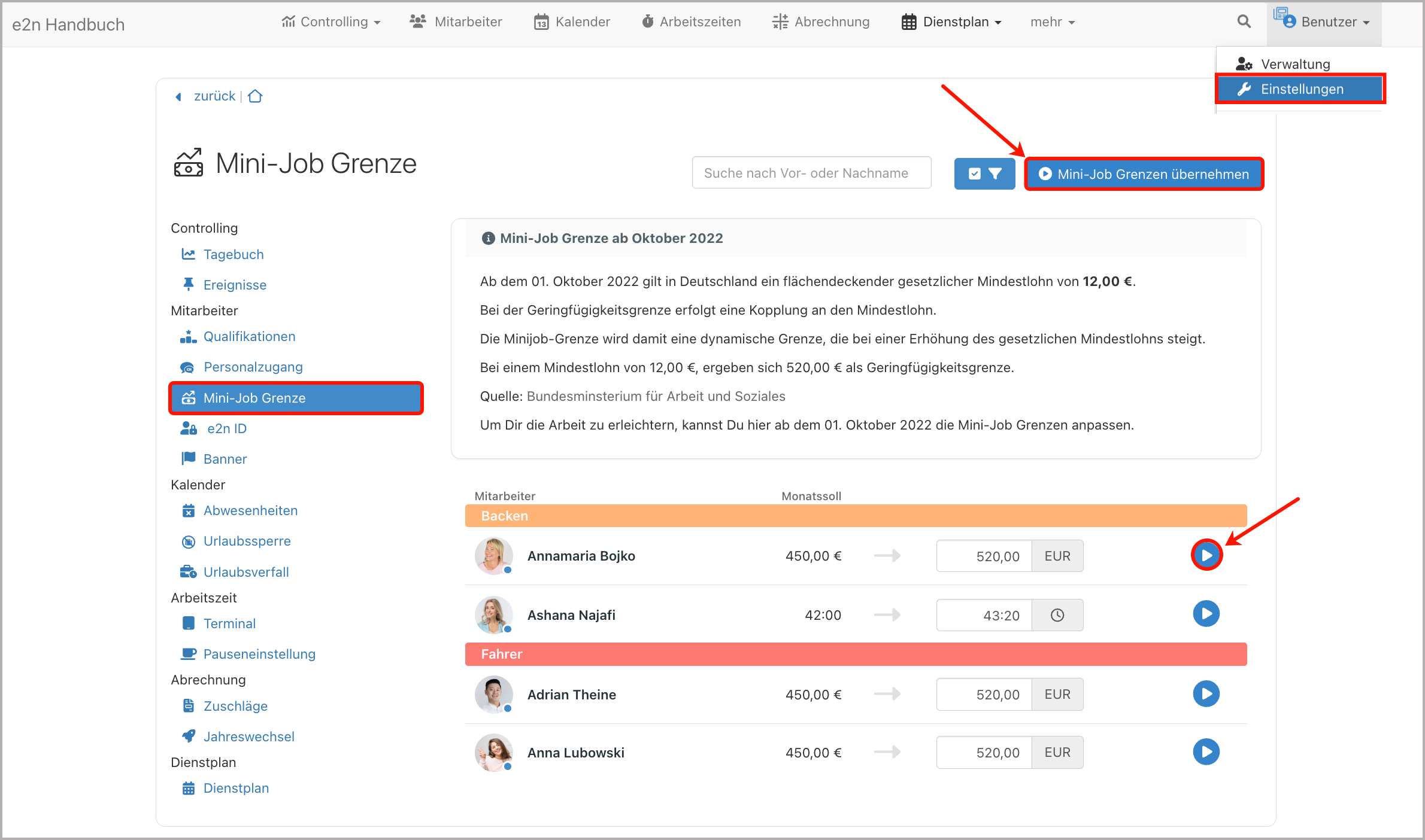 Einstellungen > Mini-Job-Grenze