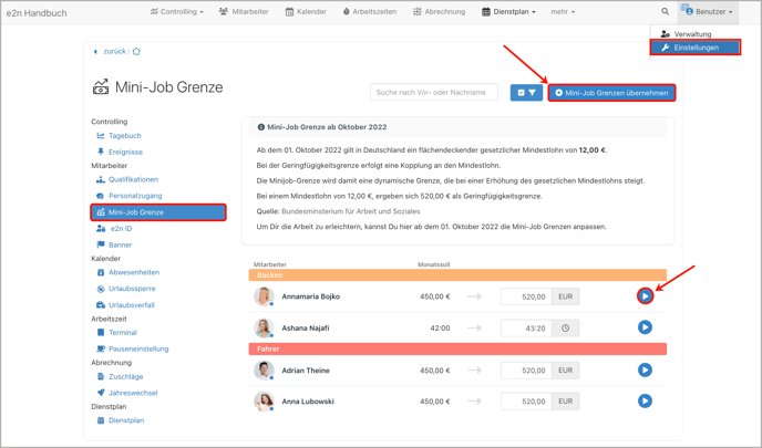 Einstellungen > Mini-Job-Grenze