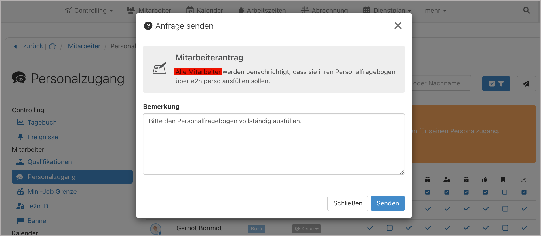 Einstellungen > Personalzugang > Anfrage