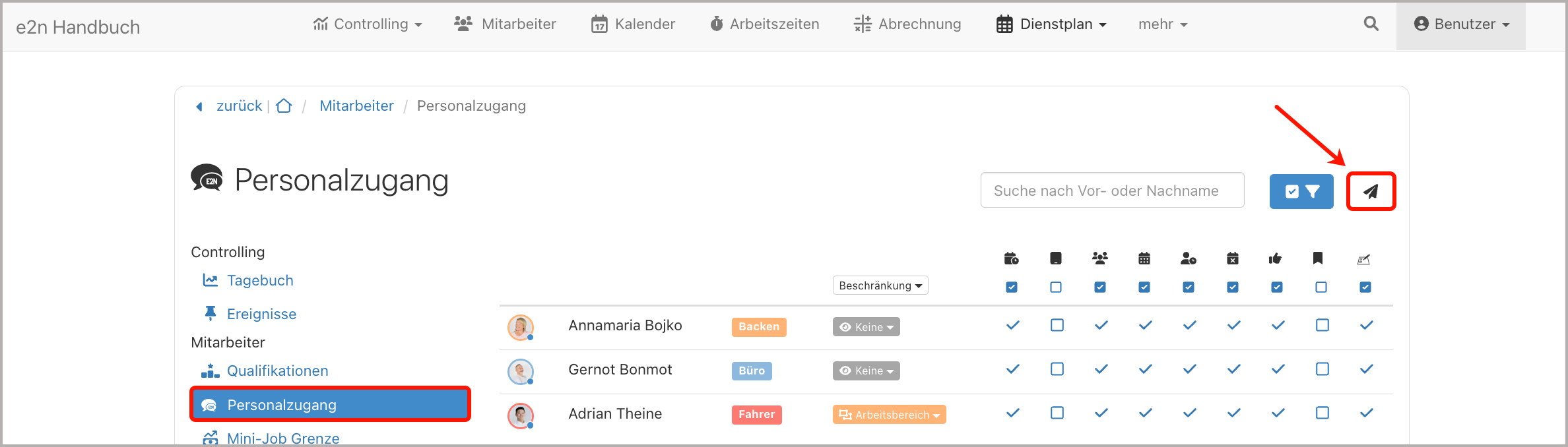 Einstellungen > Personalzugang