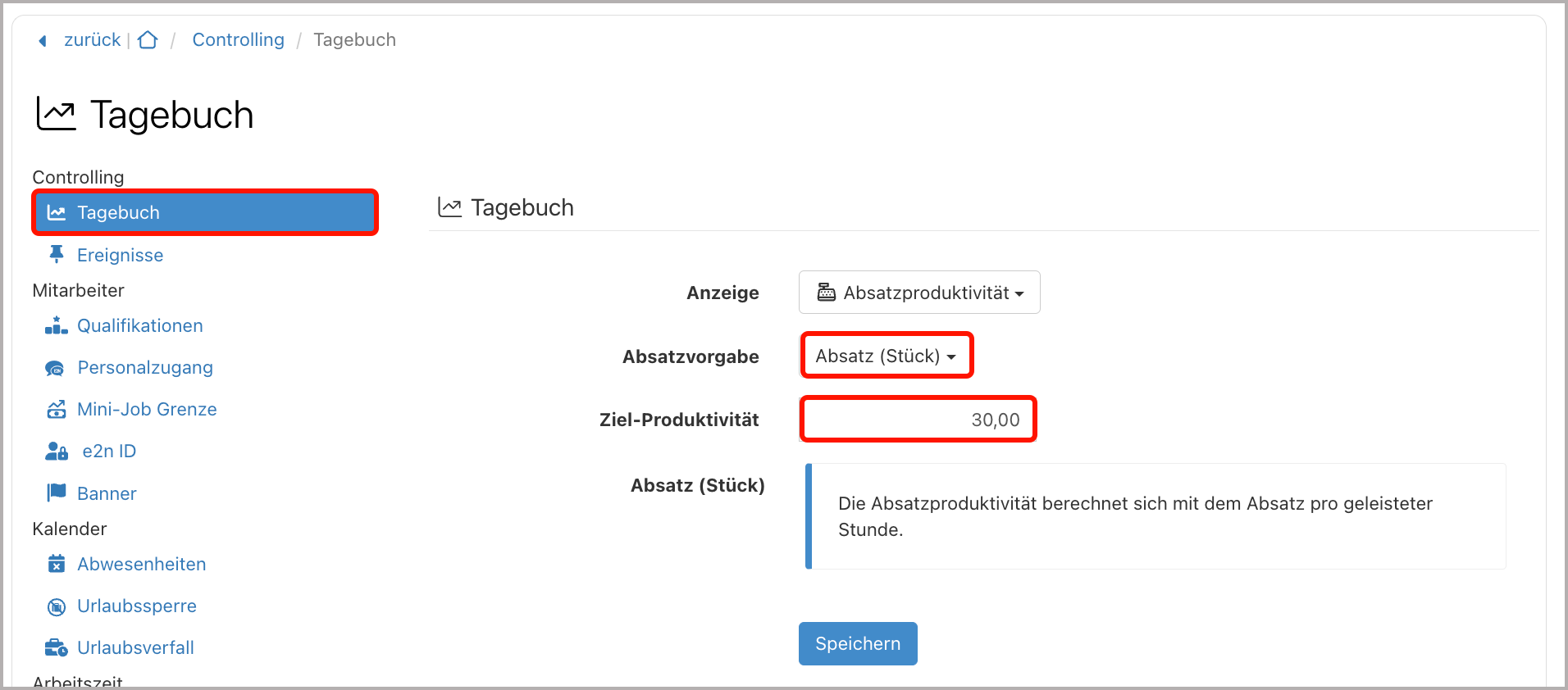 Einstellungen > Tagebuch > Absatz (Stück)