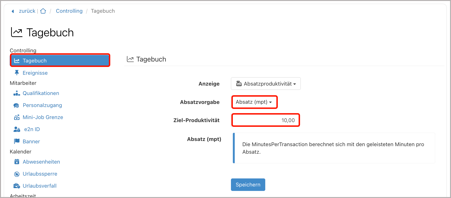 Einstellungen > Tagebuch > Absatz (mpt)
