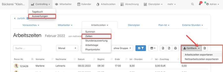 Wie exportiere ich Daten zu OPTIback?