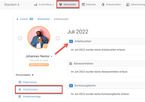 > Mitarbeiter > Personalakte > Arbeitszeiten - Arbeitszeit erfassen