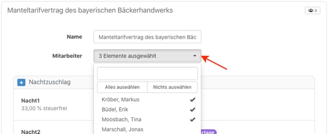 8 > Einstellungen > Abrechnung > Zuschläge - Zuschlagsgruppen Mitarbeiterdropdown
