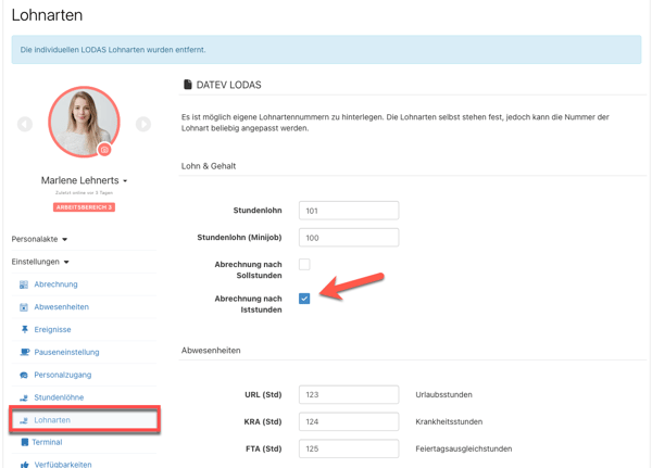 > Mitarbeiter > Einstellungen > Lohnarten - Abrechnung nach IST-Stunden einstellen