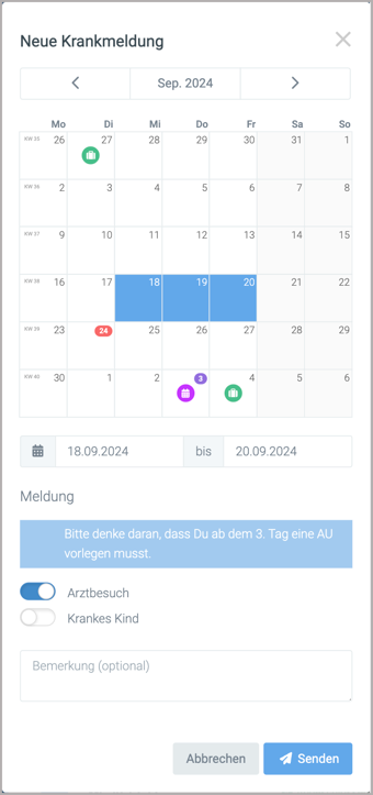 Krankmeldung eingebenabsenden