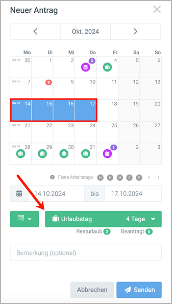 Menü > AW > Anträge > + > Urlaub