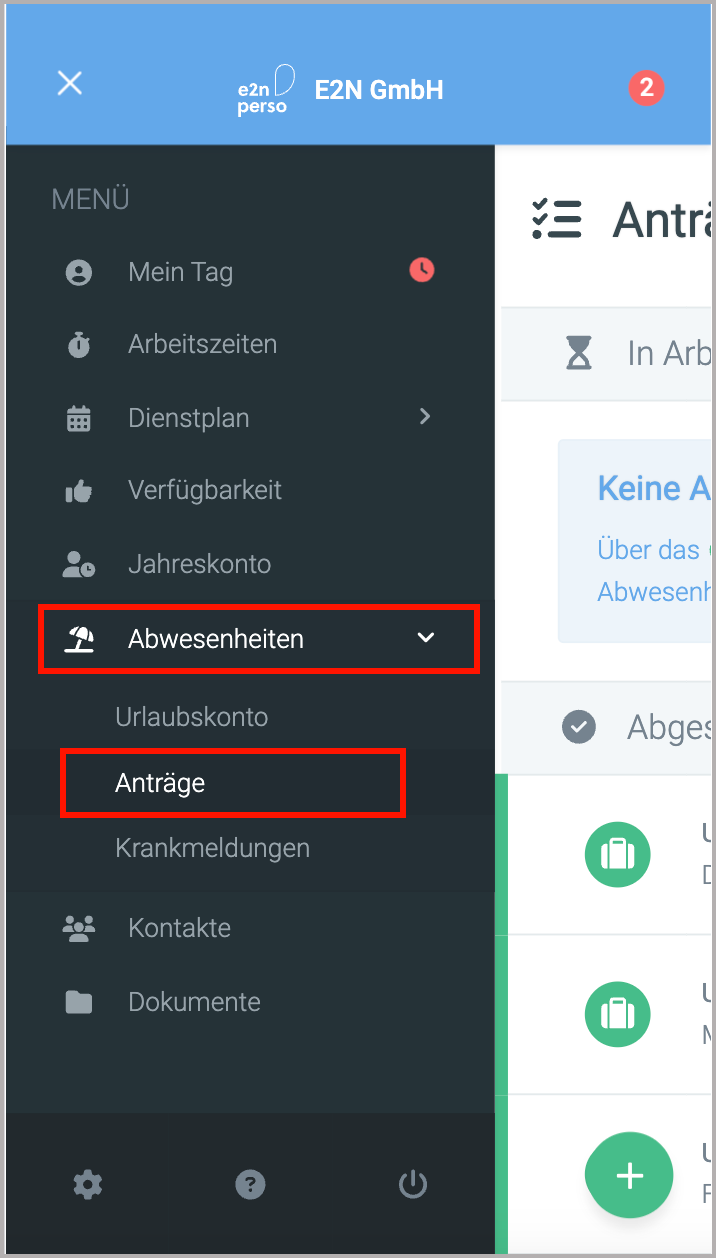 Menü > Abwesenheiten
