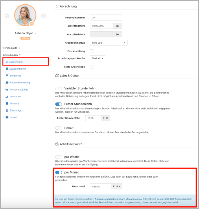 Mitarbeiter > Abrechnung > Monatskonto Mini-Job
