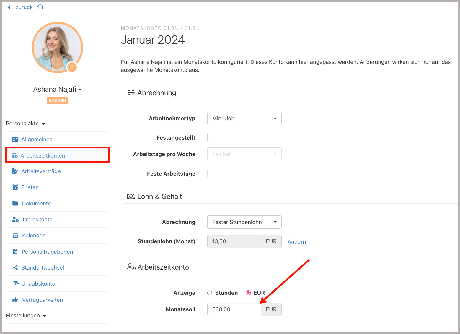 Mitarbeiter > Arbeitszeitkonten > Bearbeitungsmaske