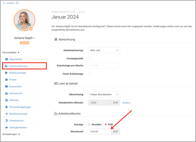 Mitarbeiter > Arbeitszeitkonten > Bearbeitungsmaske