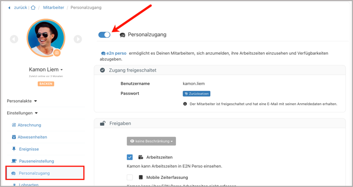 Mitarbeiter > Einstellungen > Personalzugang > Aktivieren