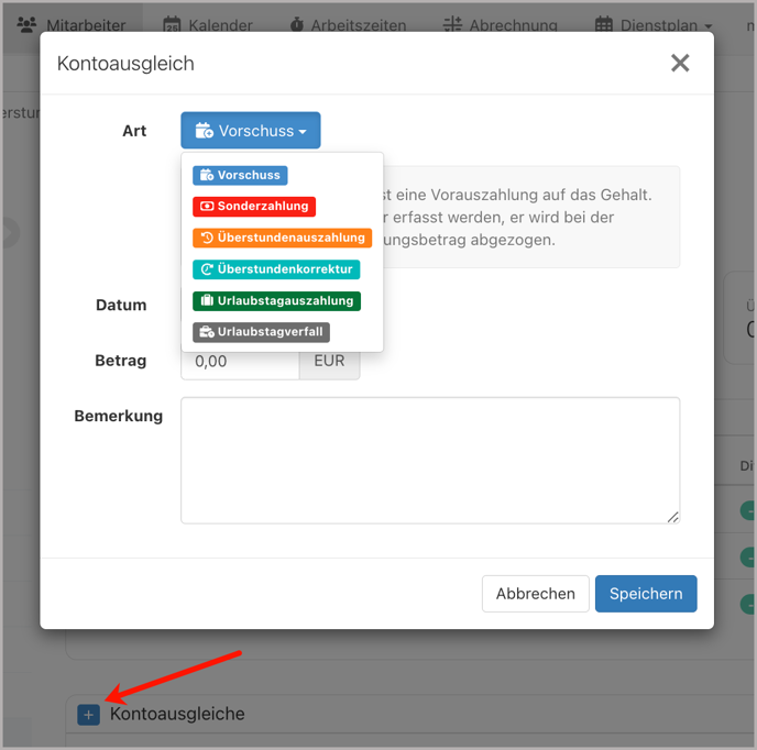 Mitarbeiter > Jahreskonto > Kontoausgleiche