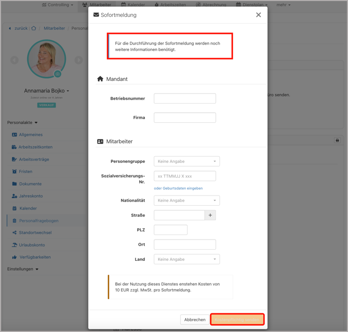 Mitarbeiter > Personalakte > Personalfragebogen > Sofortmeldung > fehlende Daten