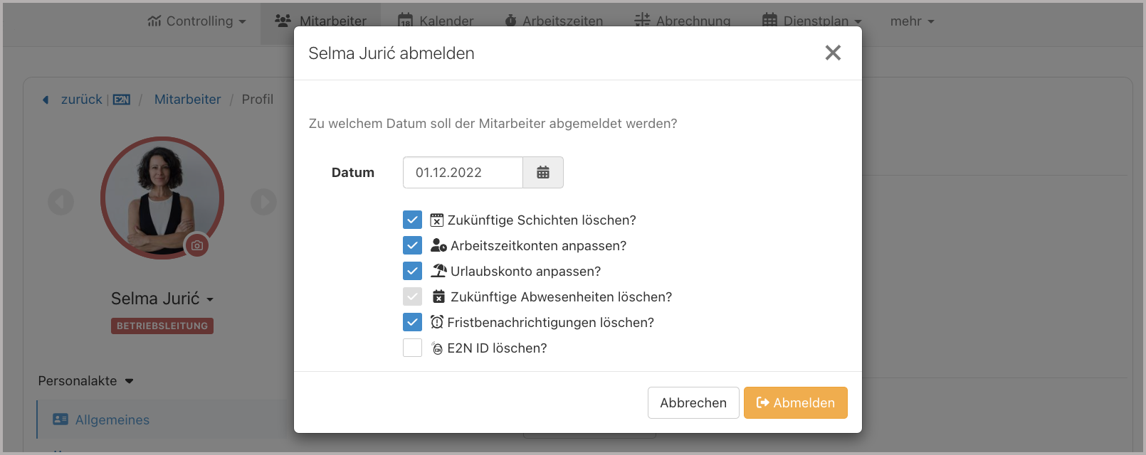 Mitarbeiter abmelden > Pop-Up > Abmeldeaktionen