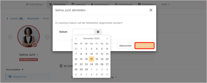 Mitarbeiter abmelden > Pop-Up > Datum