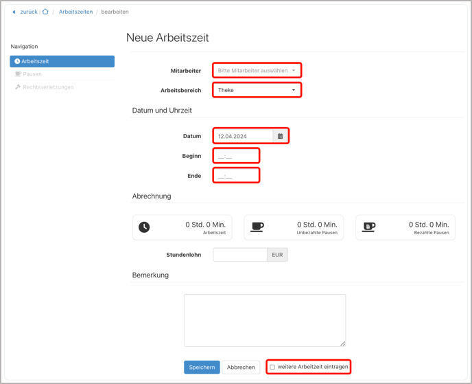 Neue Arbeitszeit erfassen