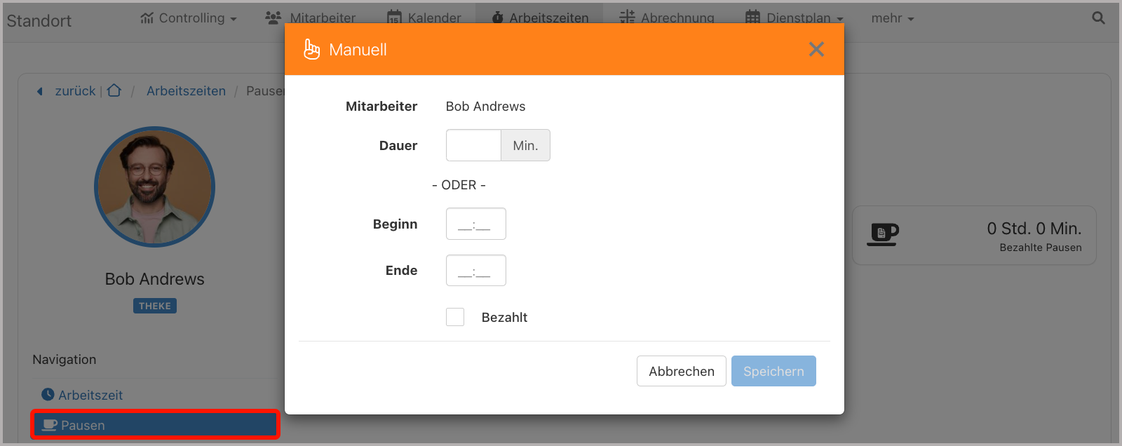 Pause manuell erfassen