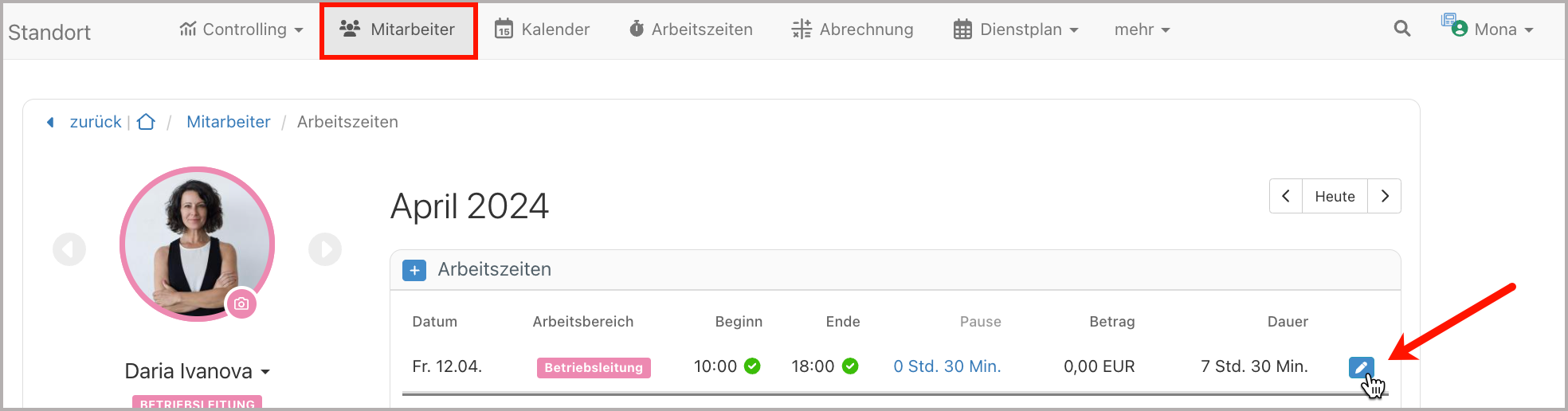 Personalakte > Arbeitszeiten > Arbeitszeit bearbeiten