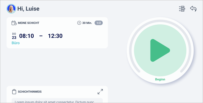 Terminal App > MA-Bereich > Stempelvorgang > Beginn