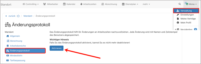 Verwaltung > Änderungsprotokoll > aktivieren
