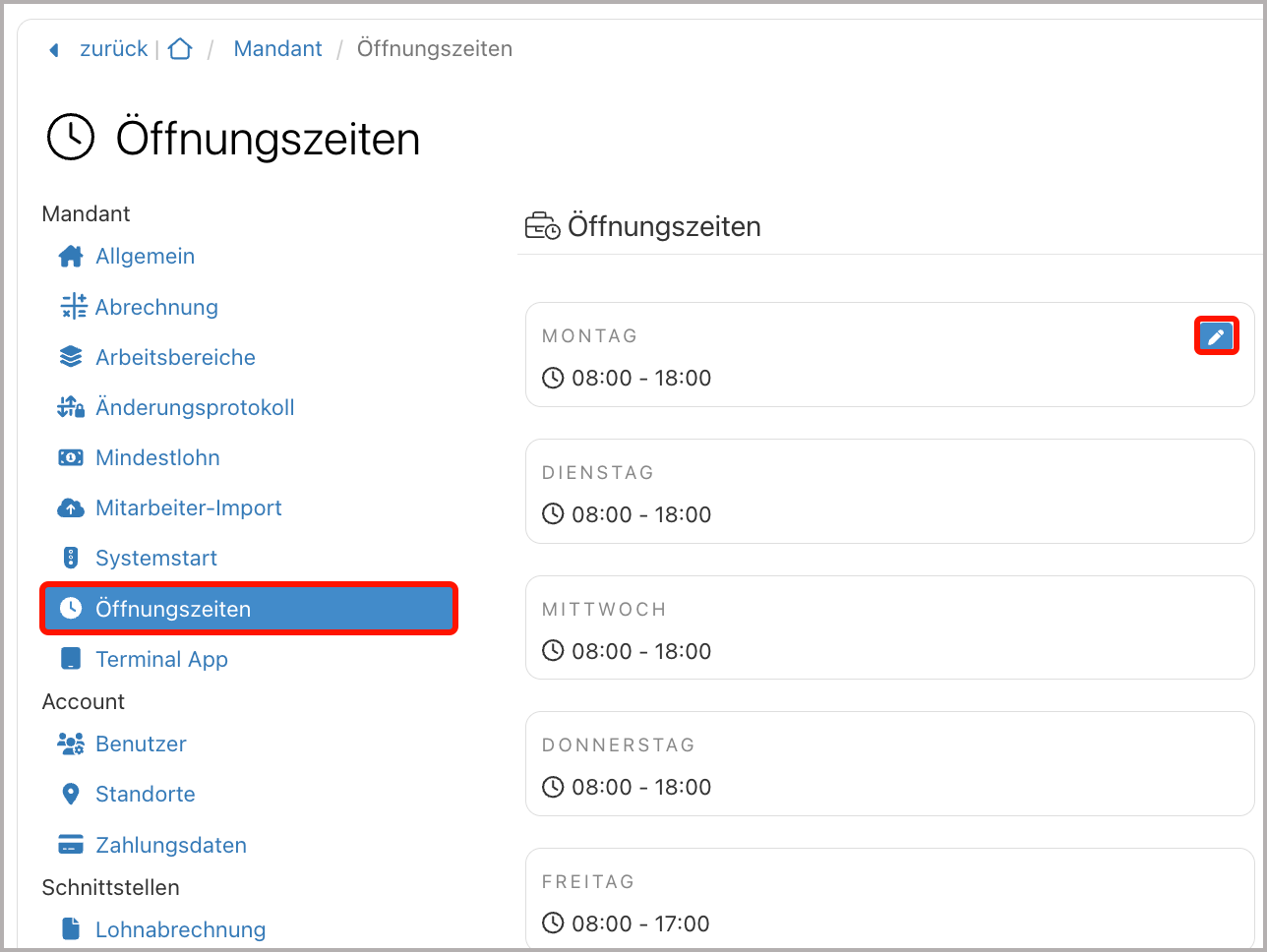 Verwaltung > Öffnungszeiten