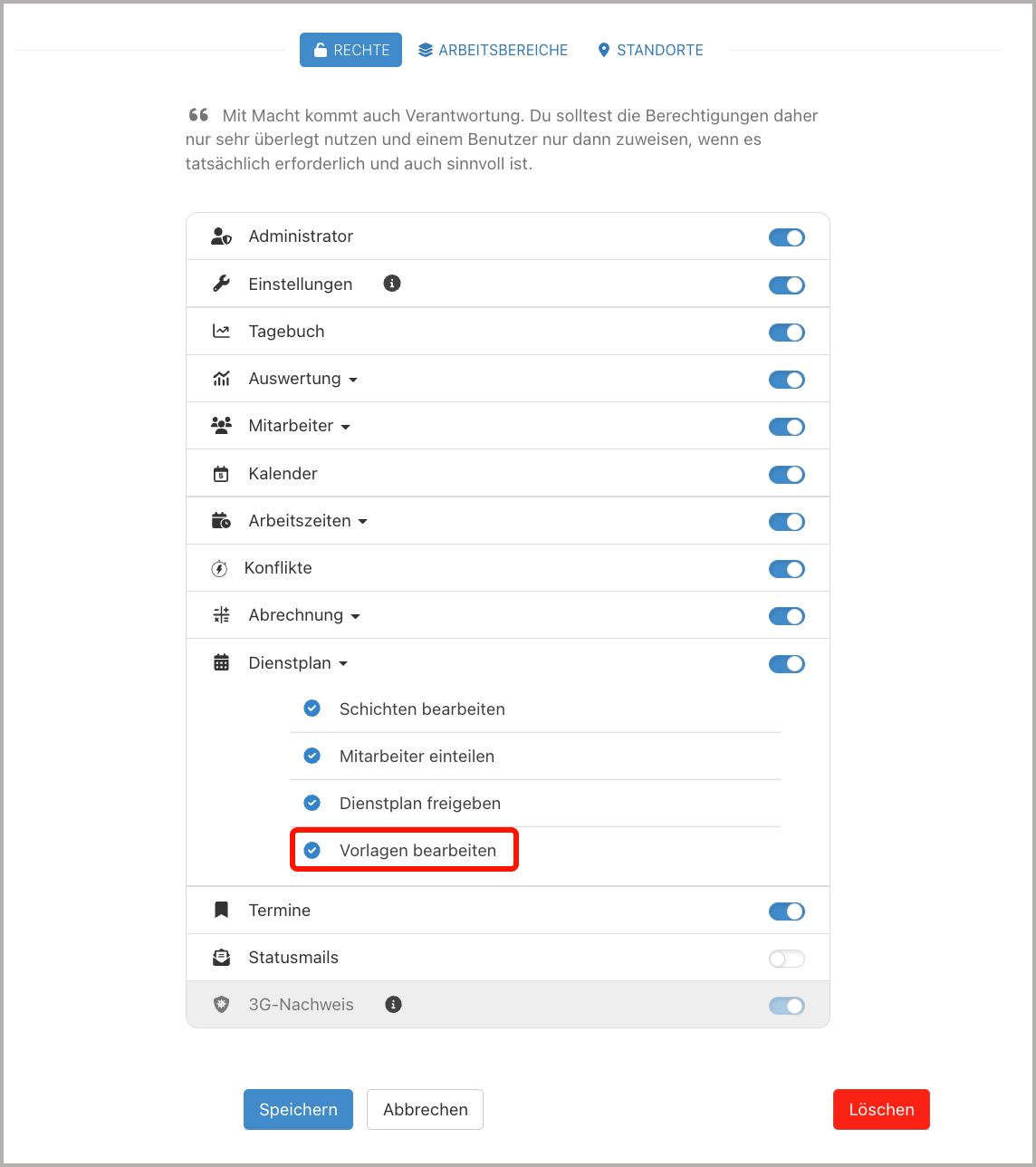 Verwaltung > Benutzer > Rechte > DP > Vorlagen